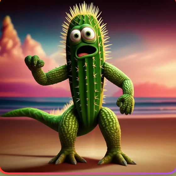 A cartoon brainrot character that is half spiky green cactus, half dinosaur, standing on a beach