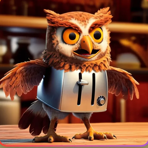 A cartoon brainrot character that is half owl, half chrome toaster, with big orange eyes