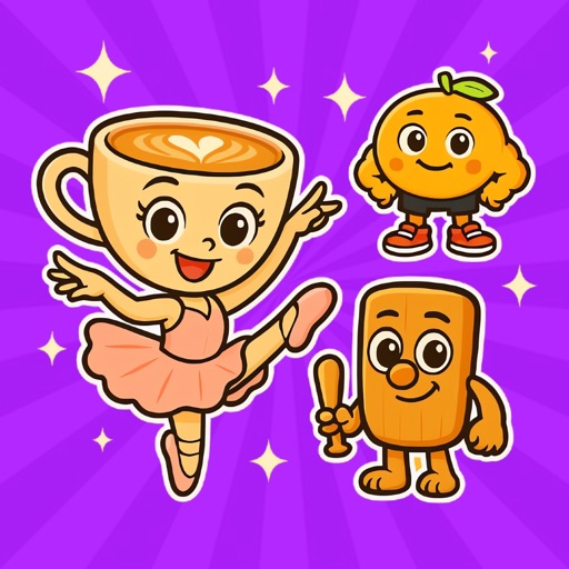 Rotino app icon, cartoon teacup ballerina, orange and wooden-plank characters on a purple starburst