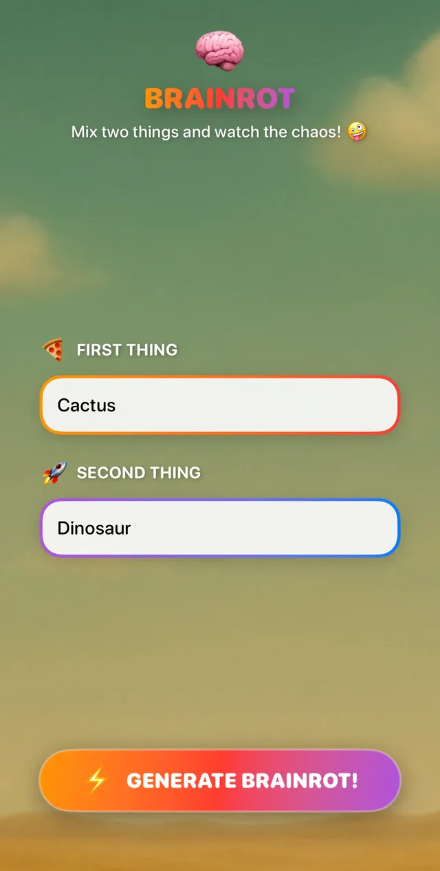 Rotino app: typing Cactus and Dinosaur as the two things to merge