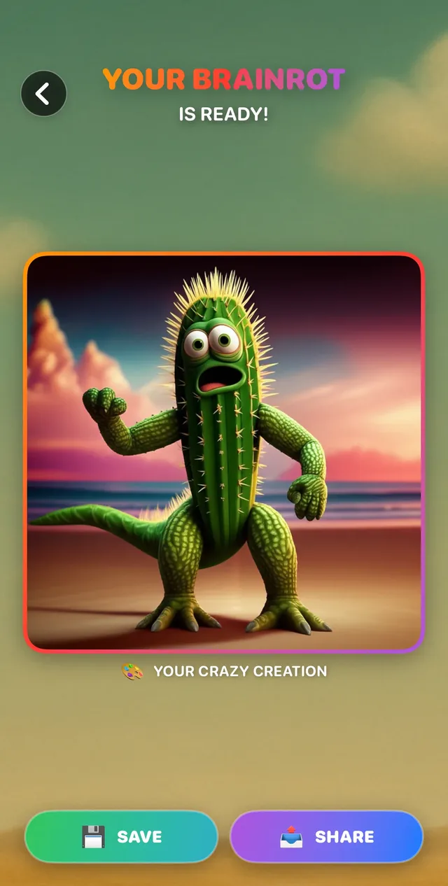 Rotino app: the finished cactus-dinosaur brainrot character, ready to save and share