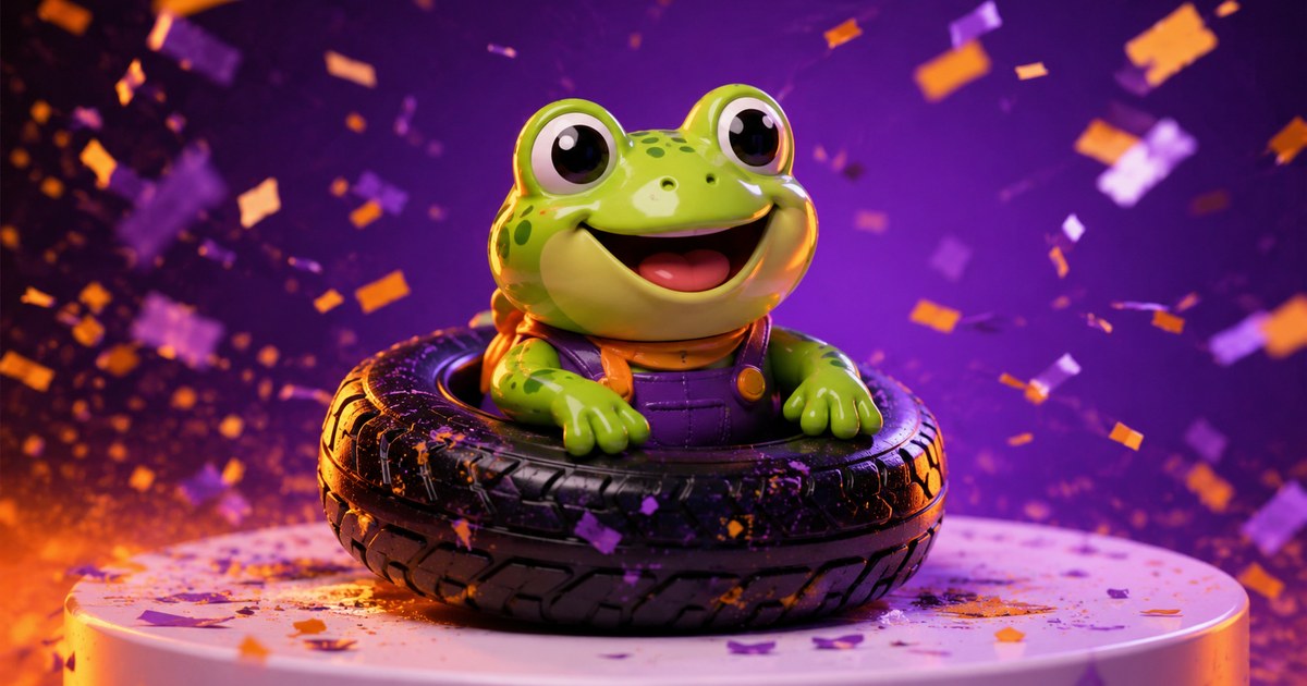 A glossy toy frog perched inside a black rubber tire on a bright violet studio backdrop