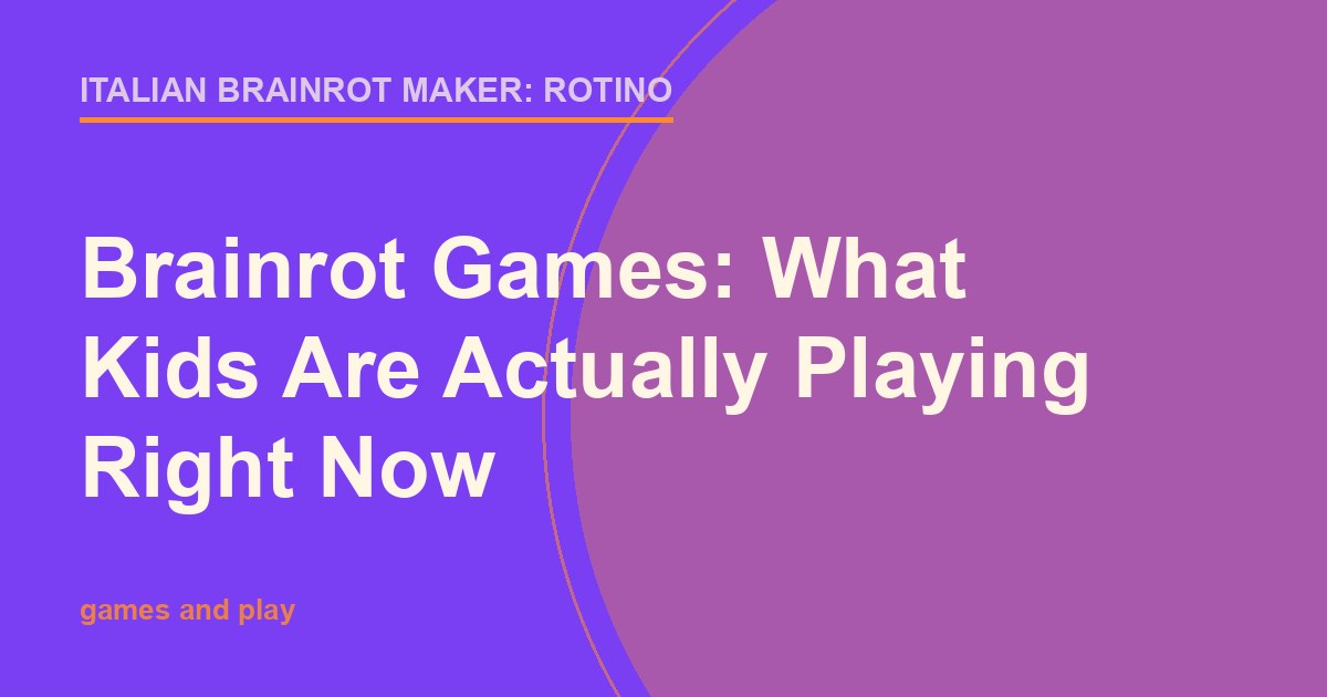 Bright purple and orange title card for a roundup of brainrot games kids are playing
