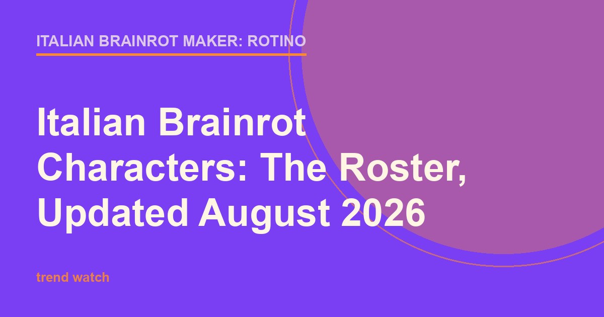 Bright purple and orange title card for a dated roster of Italian brainrot characters