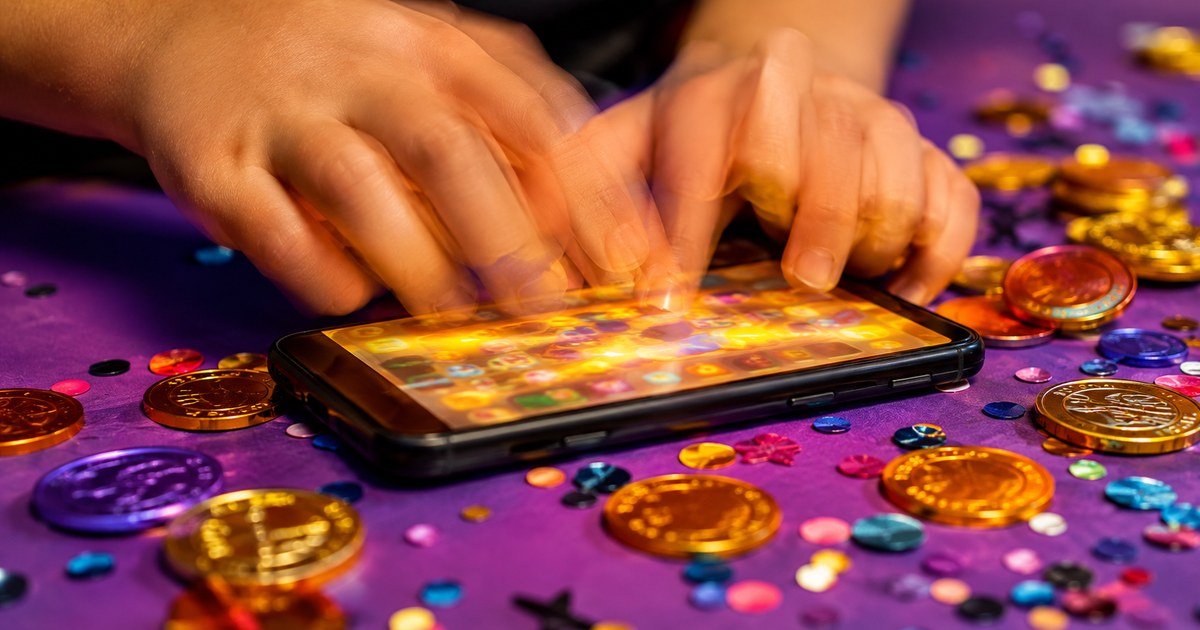 Hands rapidly tapping a glowing phone screen surrounded by scattered toy coins