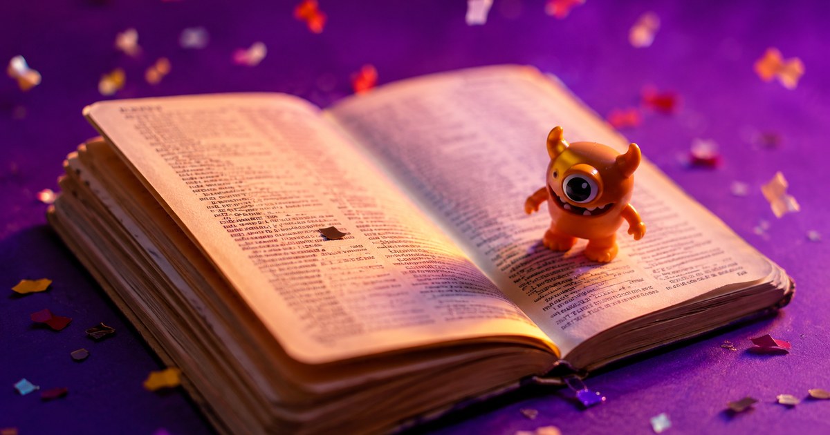 A tiny orange toy creature standing on the open printed page of a phrasebook