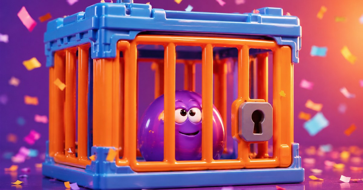 A smiling purple blob toy sitting inside a bright plastic toy jail with orange bars