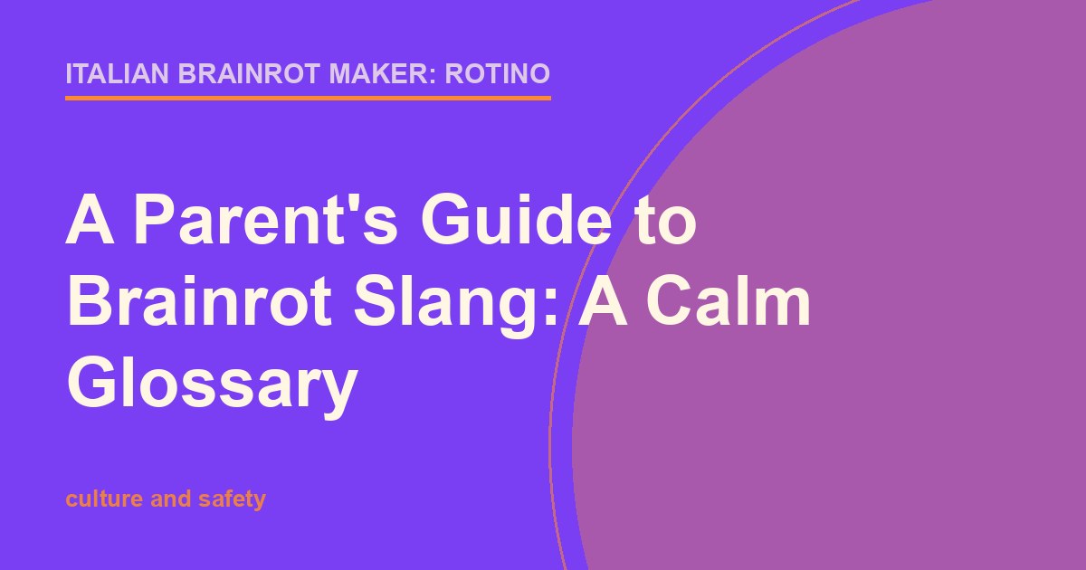 Friendly title card listing brainrot slang words for a calm parent glossary