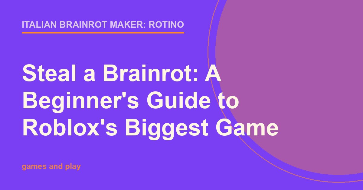Bright purple and orange title card for a beginner's guide to the Roblox game Steal a Brainrot
