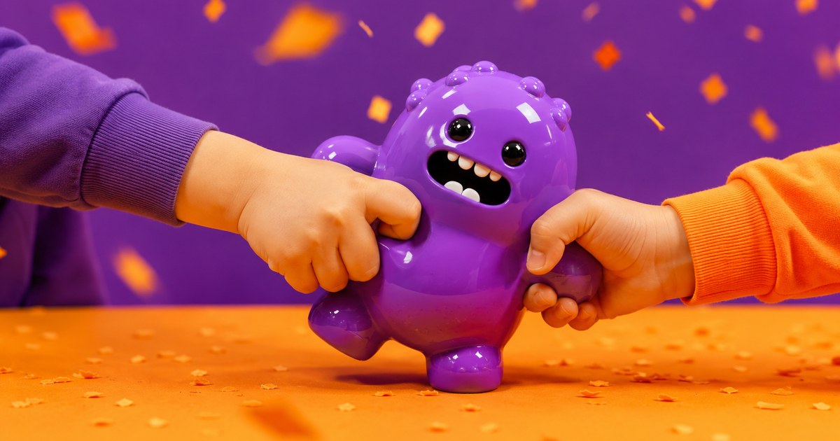 Two children's hands pulling at the same purple toy creature in a playful tug of war
